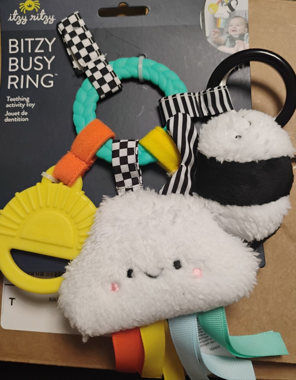 Itzy Ritzy Cloud & Sun Bitzy Busy Ring Teething Toy - White, Yellow, Teal, Black